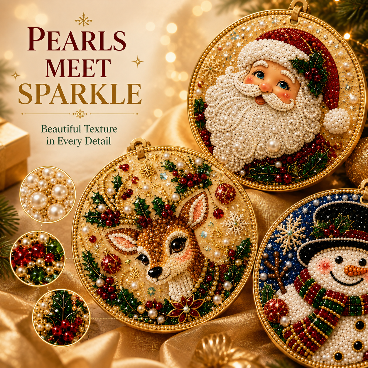 Handcrafted Christmas diamond painting ornaments hanging on Christmas tree