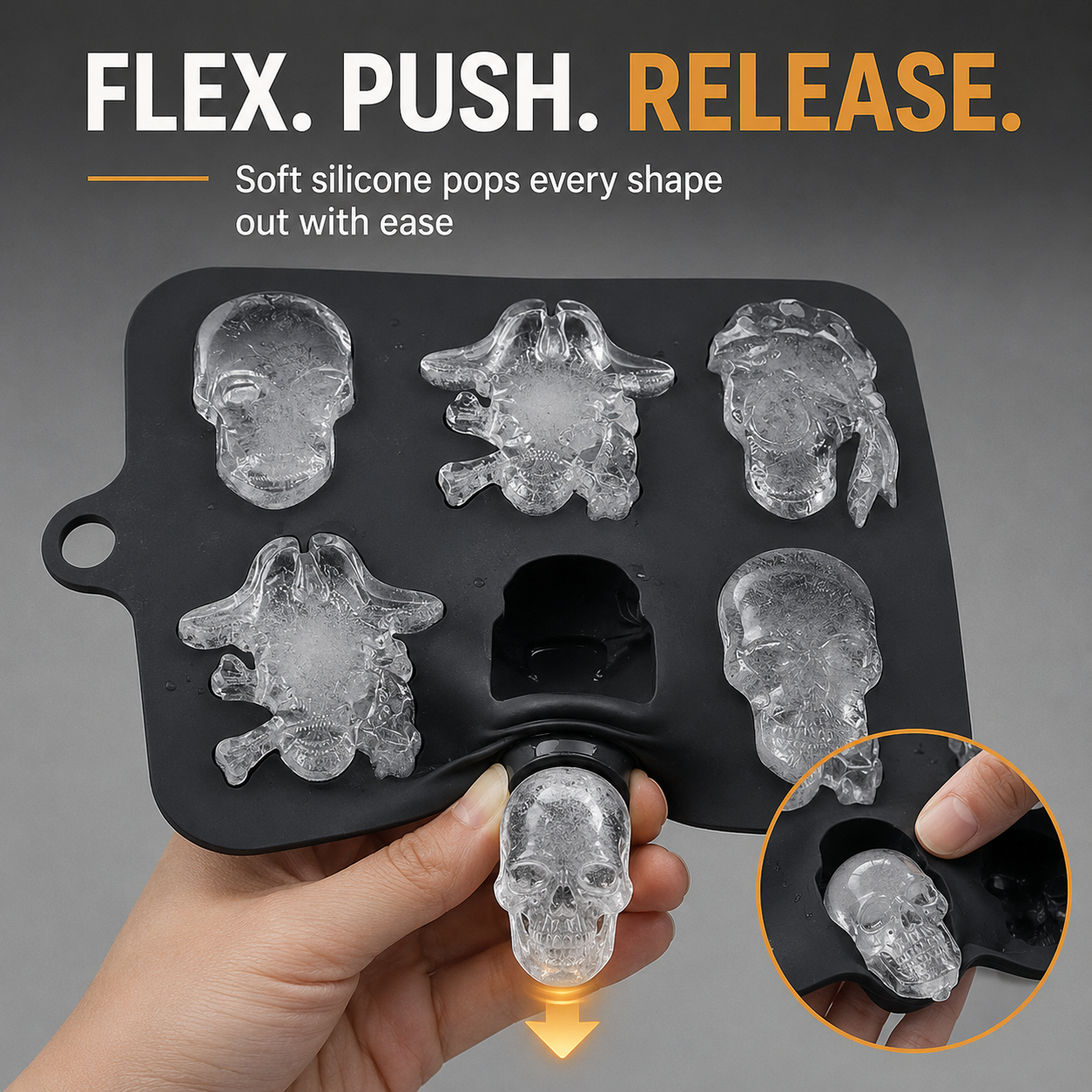 Flexible silicone skull mold with easy-release design