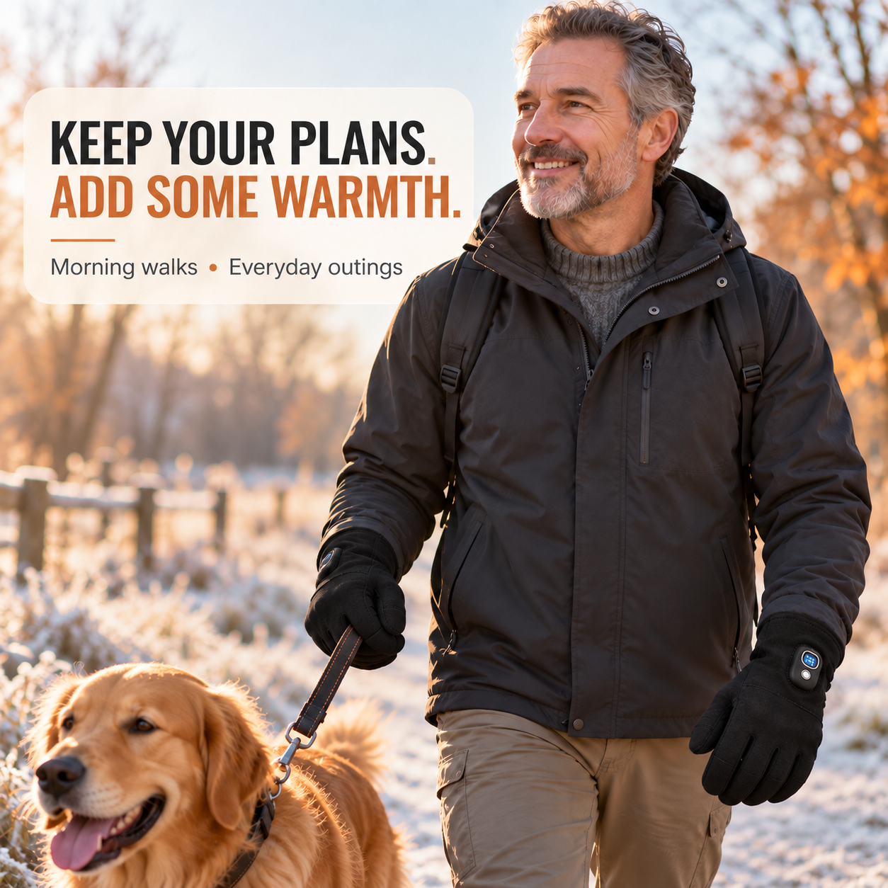 Man wearing black heated gloves while walking his dog on a cold morning