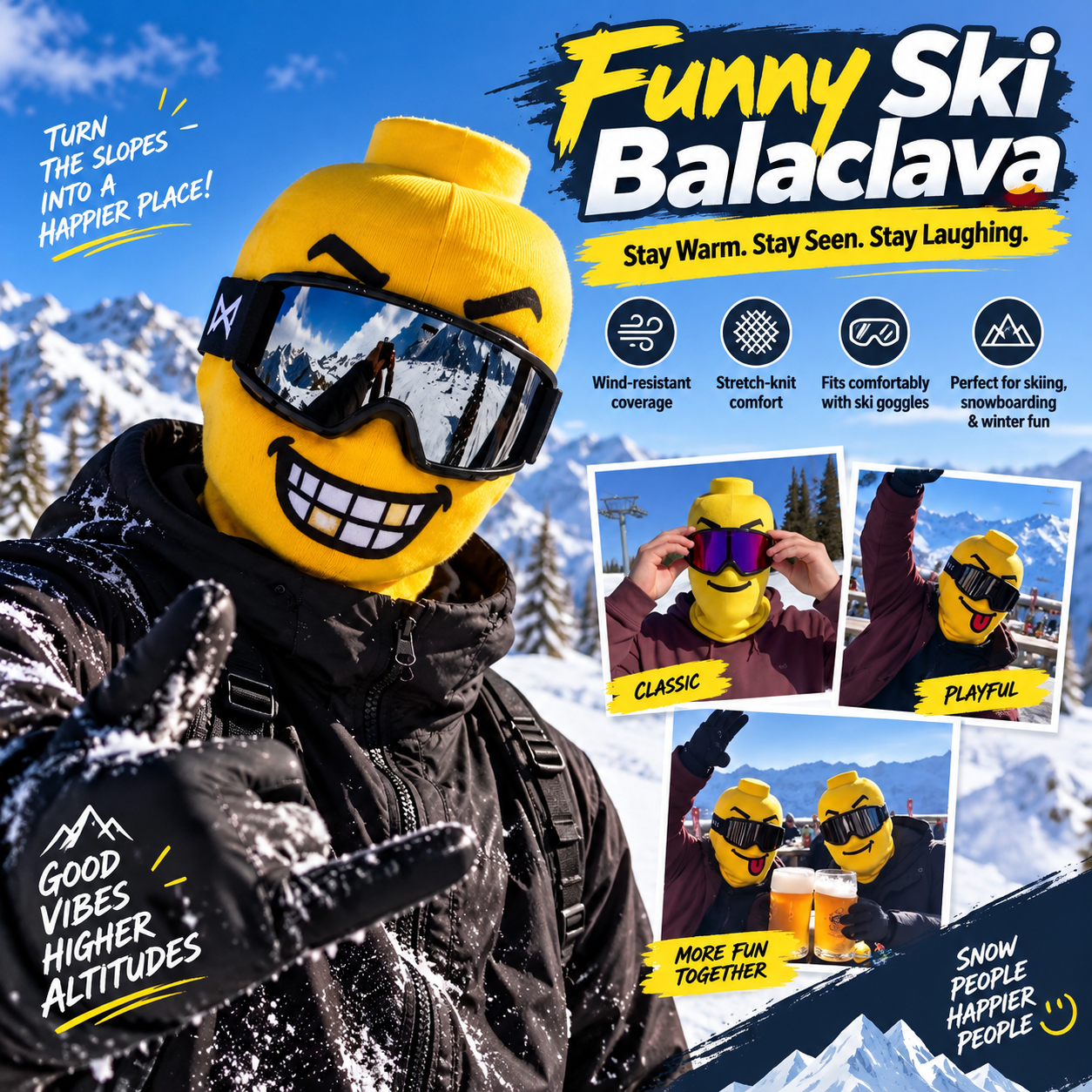 Funny yellow knitted ski balaclava on snowy mountain