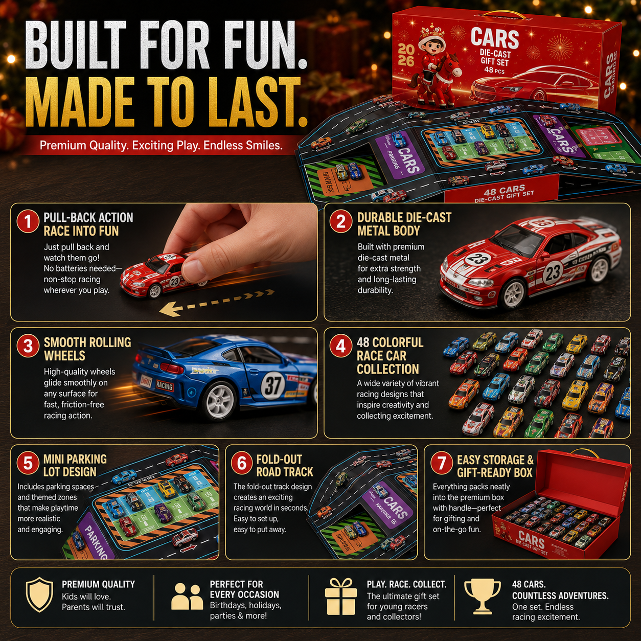 Collection of durable die-cast alloy and plastic pull-back race cars