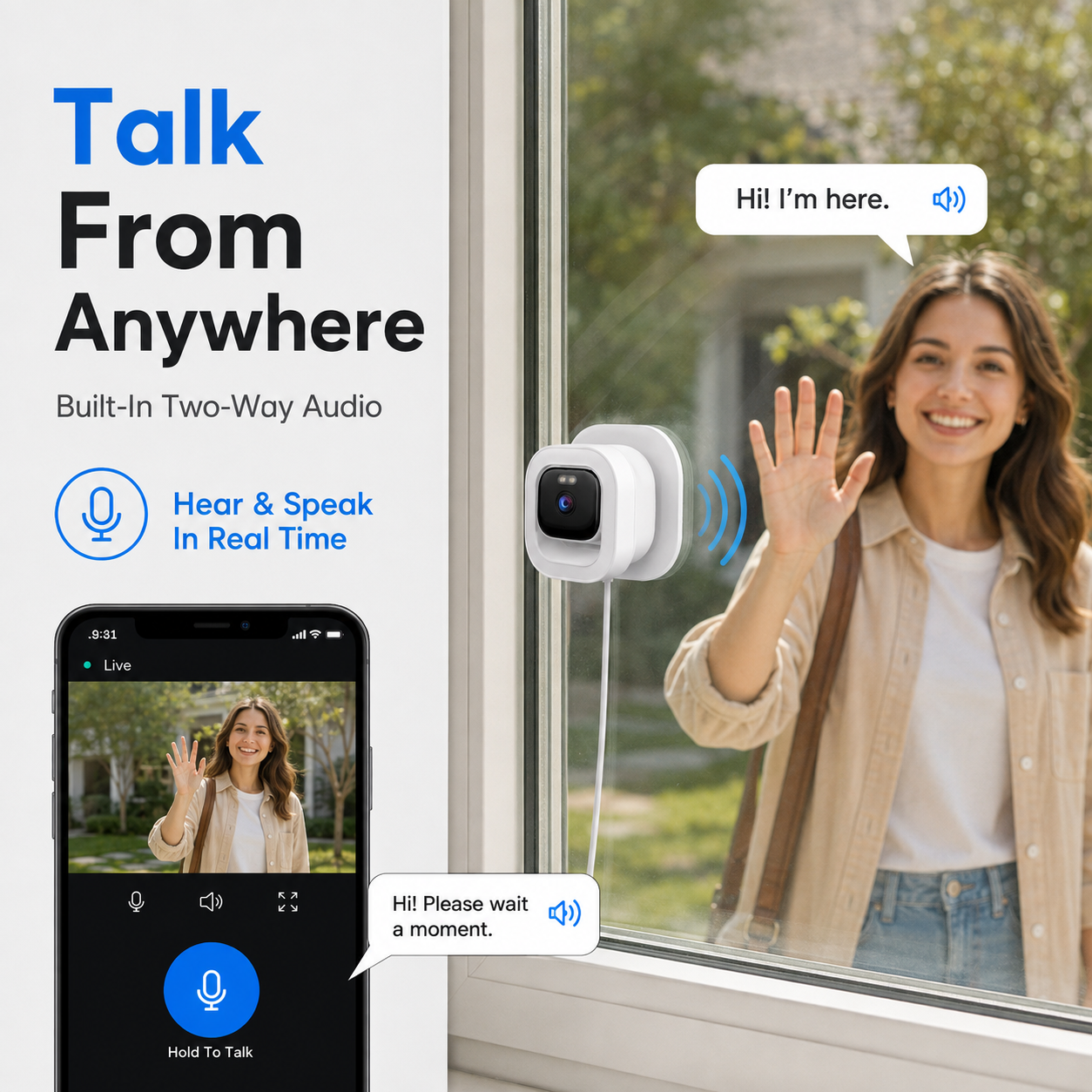 Smart window security camera overview mounted on glass