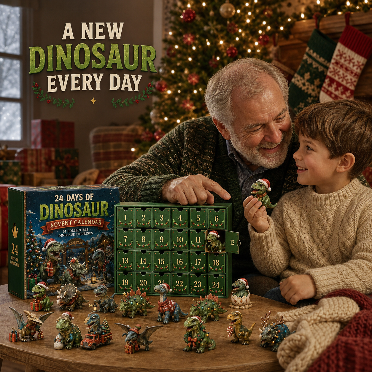 Family enjoying dinosaur Advent Calendar