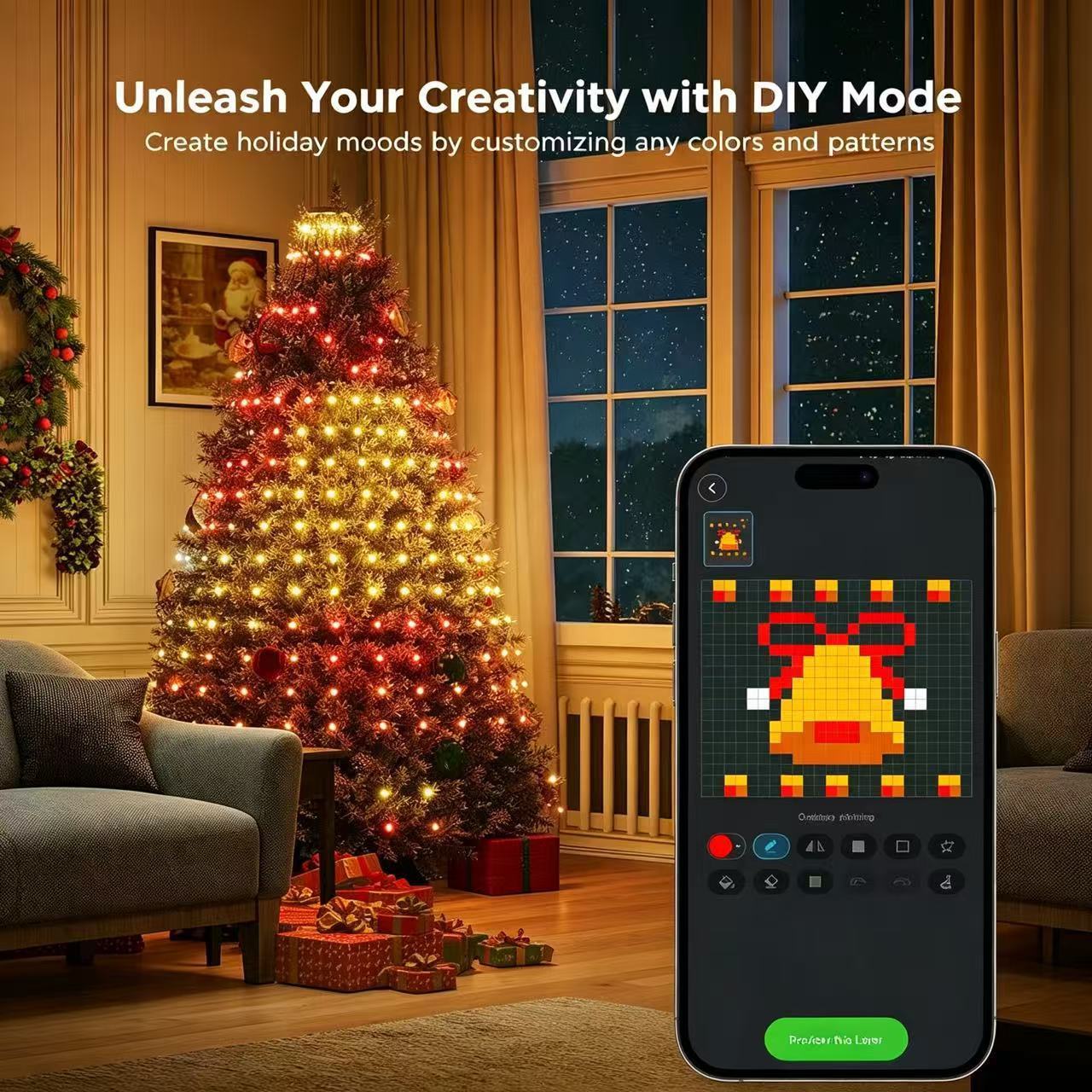 DIY mode on mobile app showing pixel art design feature with a glowing holiday bell light pattern on the Christmas tree.