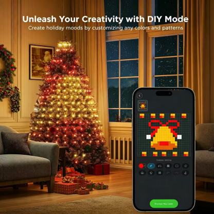 DIY mode on mobile app showing pixel art design feature with a glowing holiday bell light pattern on the Christmas tree.