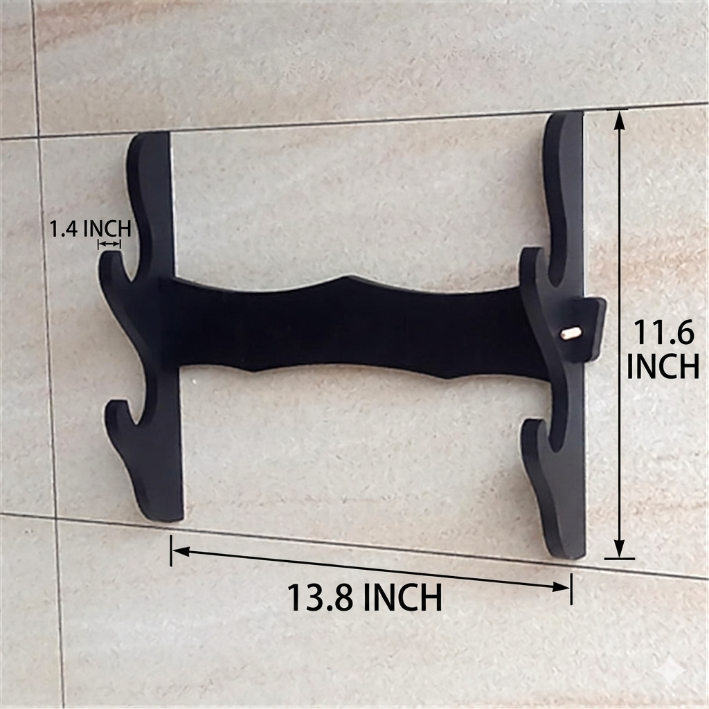 Black wooden double katana wall mount stand on a light tile wall. Arrows indicate dimensions of 13.8 inch width, 11.6 inch height, and 1.4 inch width for the sword holders.