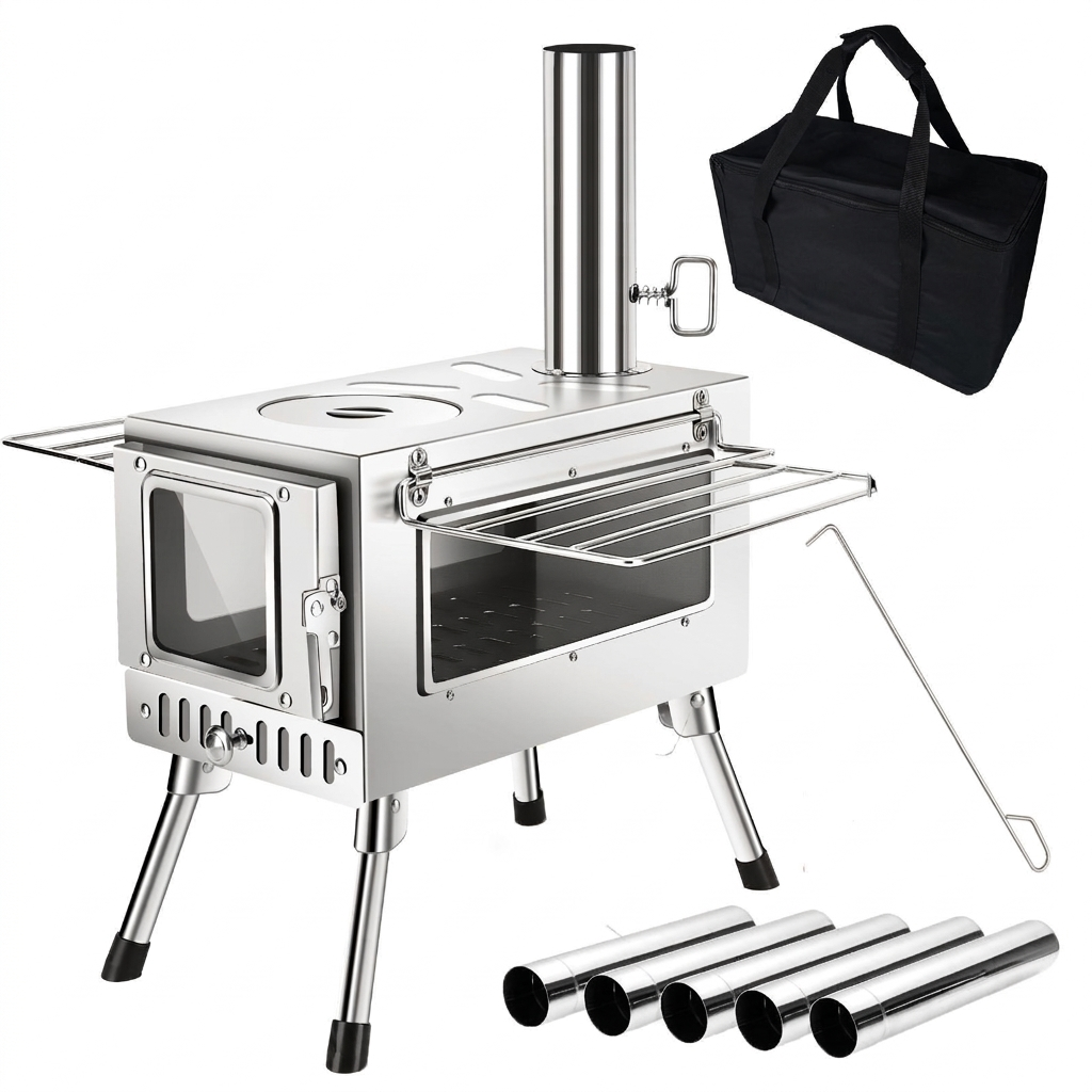 Panoramic view tent wood stove with dual-side heat-resistant glass windows.