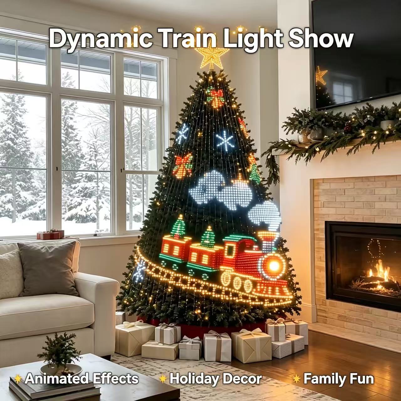 Animated glowing steam train light show moving across a green Christmas tree near a fireplace.