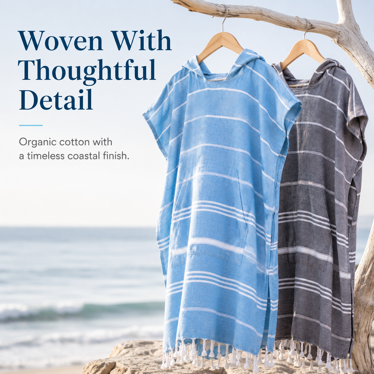 Relaxed fit cotton poncho providing easy hands-free changing