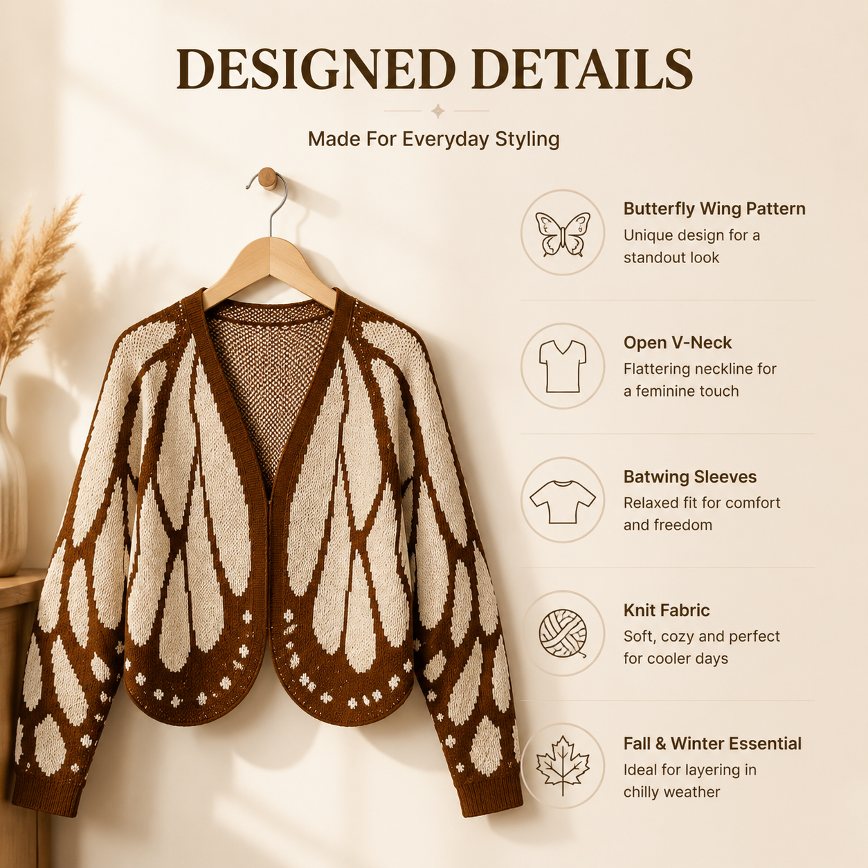 Back view showing full butterfly wing knit pattern across shoulders