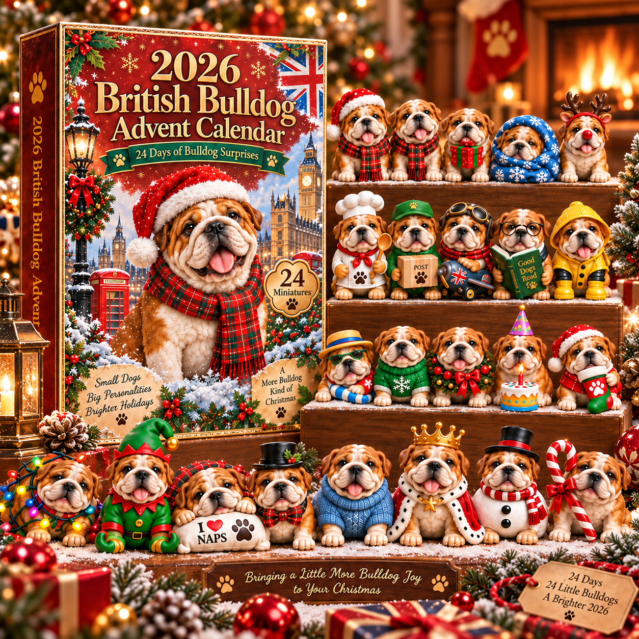 24 British Bulldog Christmas miniatures with different personalities