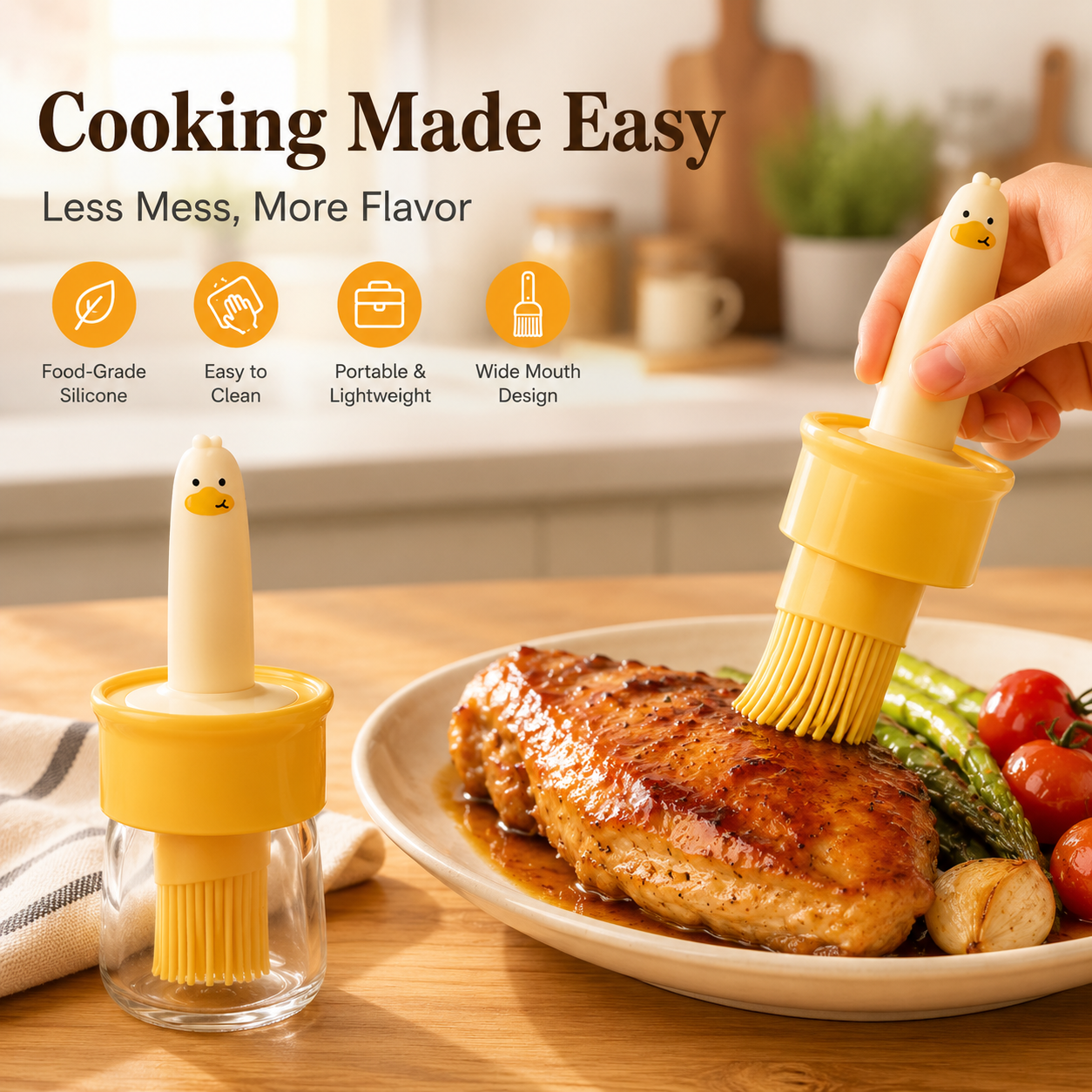 Oil bottle with brush placed beside air fryer and grilled vegetables