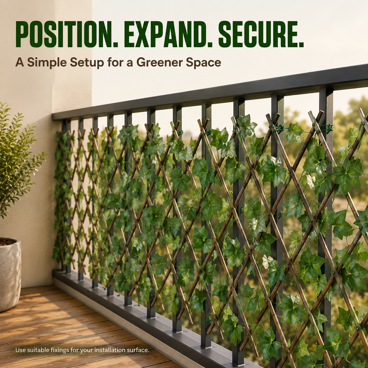 Expandable faux ivy lattice changing from dense to wide coverage