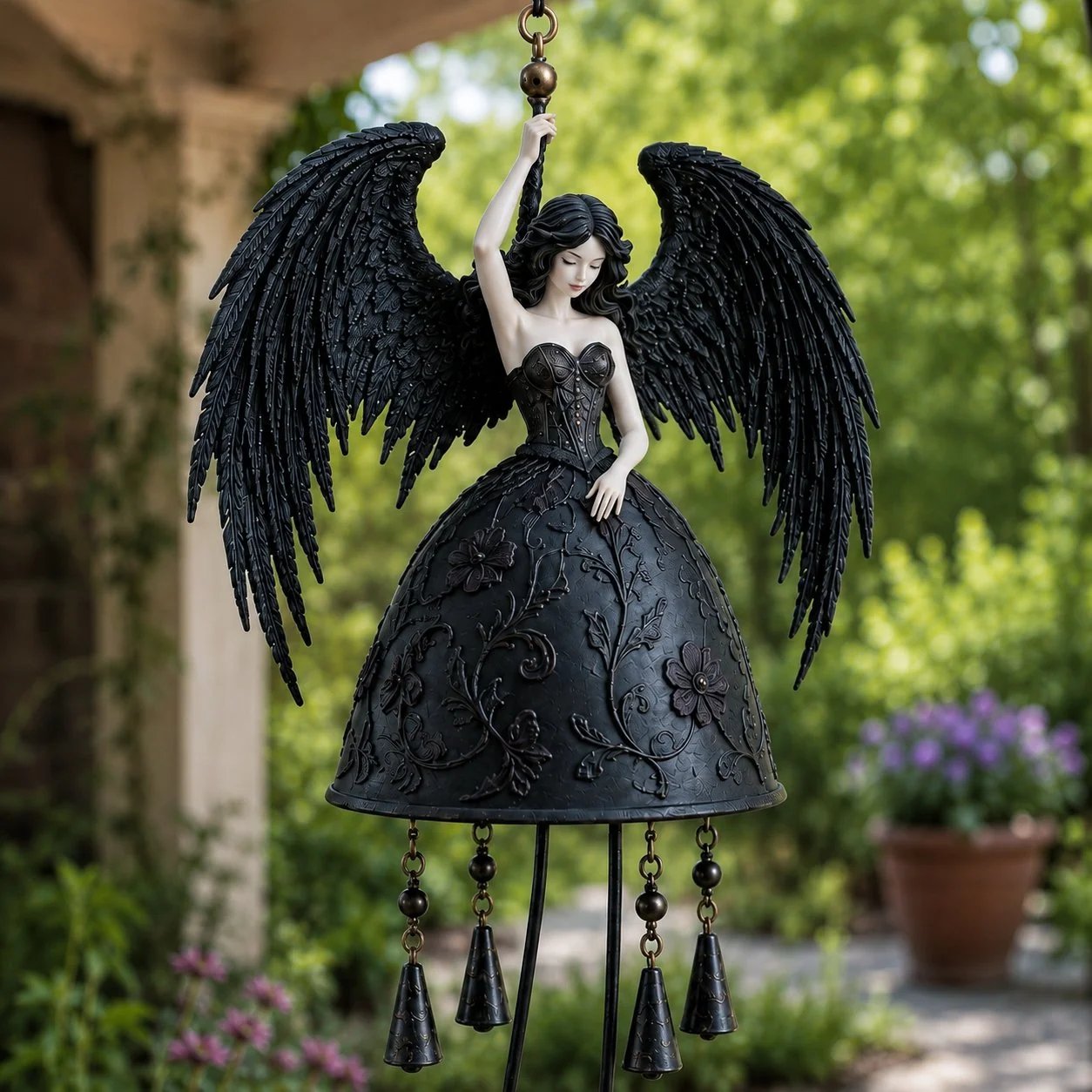 Close-up of layered wings and floral dress details