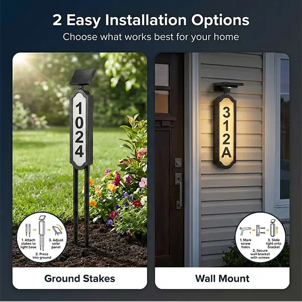 Ground stake and wall mount installation options for solar address sign