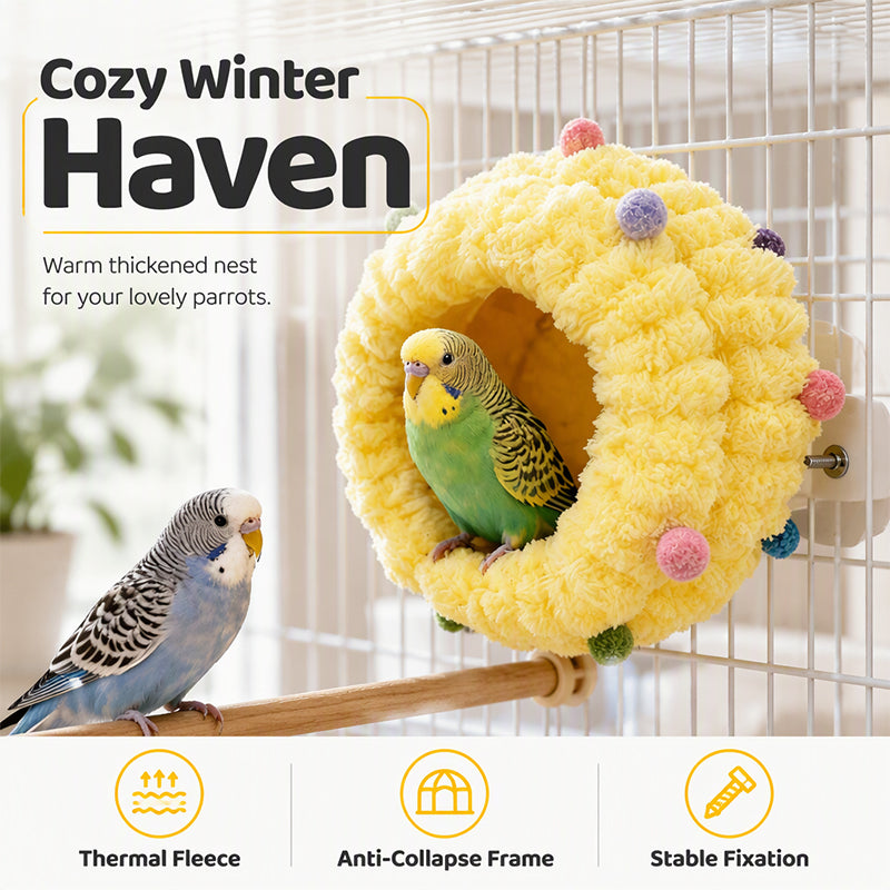 Soft coral fleece bird bed hanging inside cage