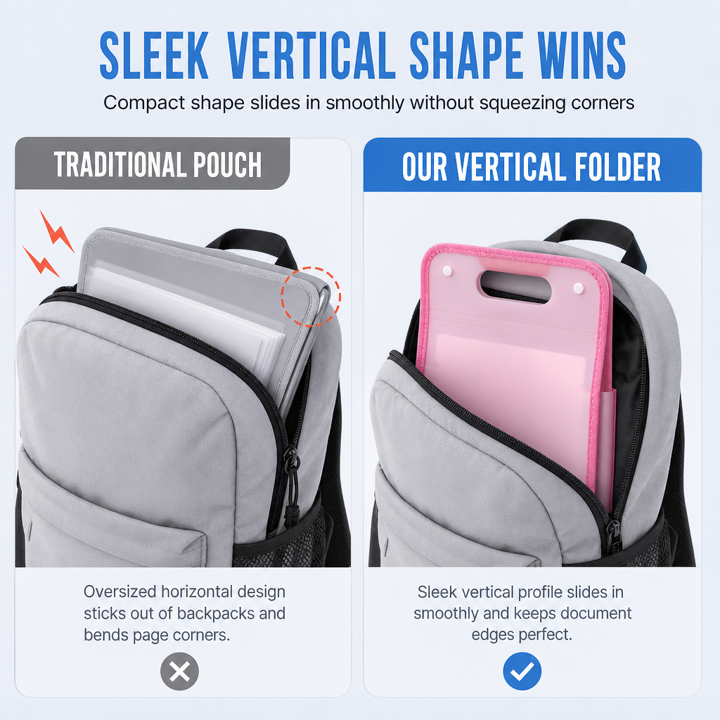 Sleek vertical accordion file fitting neatly into school backpack