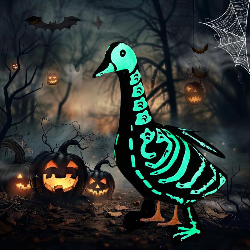 Glowing neon green skeleton goose on dark porch at night