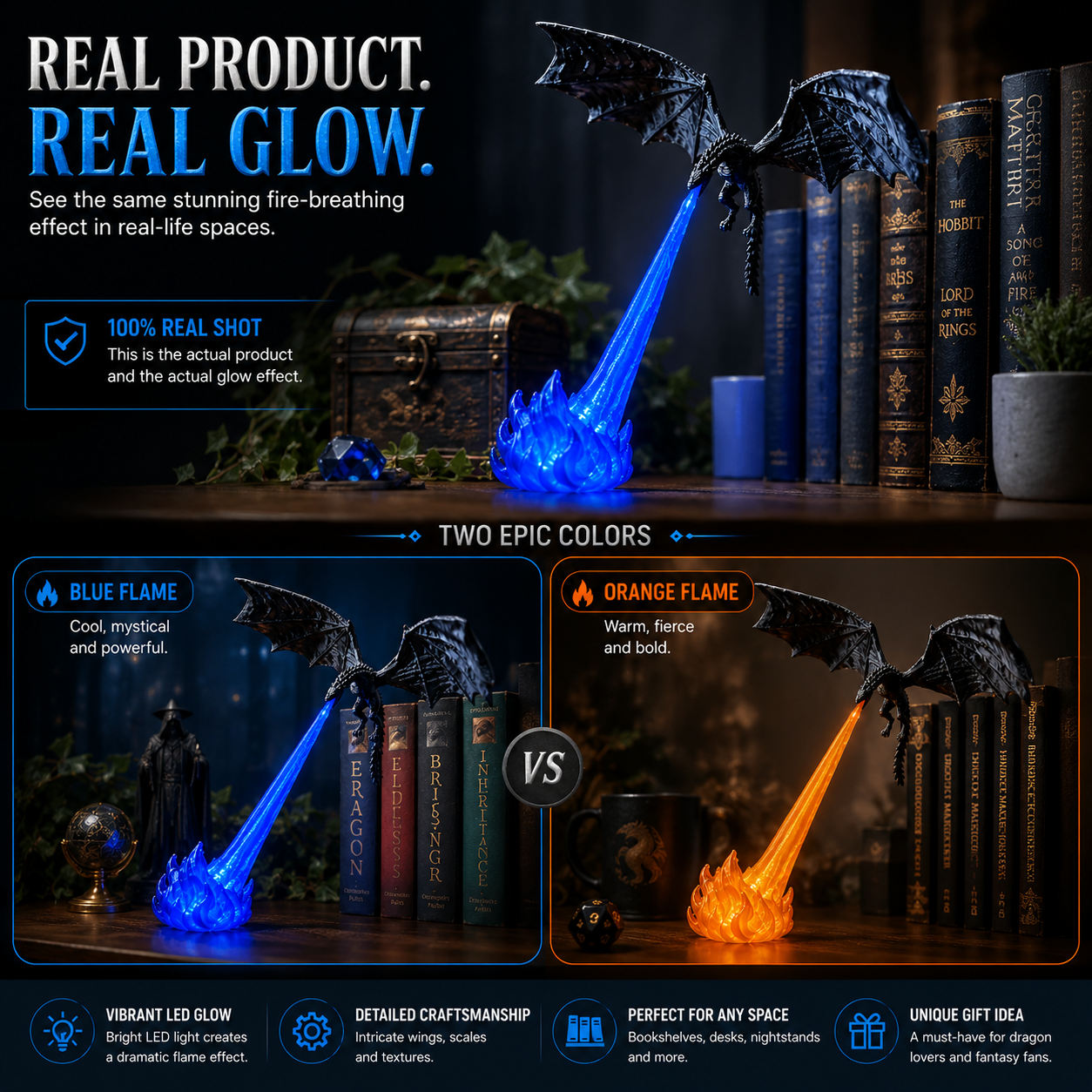 Orange and blue glowing dragon display