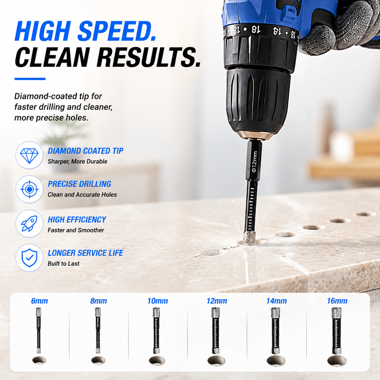 Six piece diamond drill bit set in 6mm to 16mm sizes overview