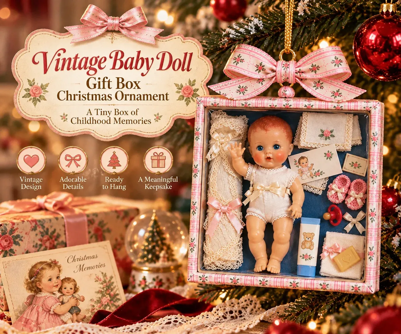 Vintage baby doll gift box ornament with miniature accessories