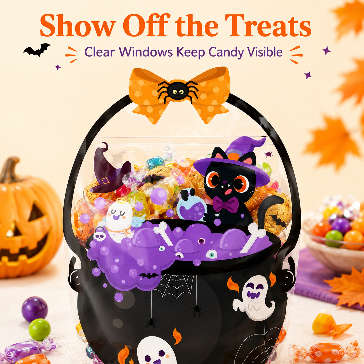Orange pumpkin and black cauldron Halloween treat bag designs
