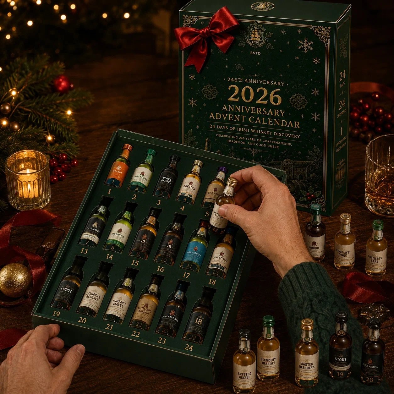 Whiskey-themed 2D flat acrylic art pieces revealed day by day (decorative only, no alcohol)