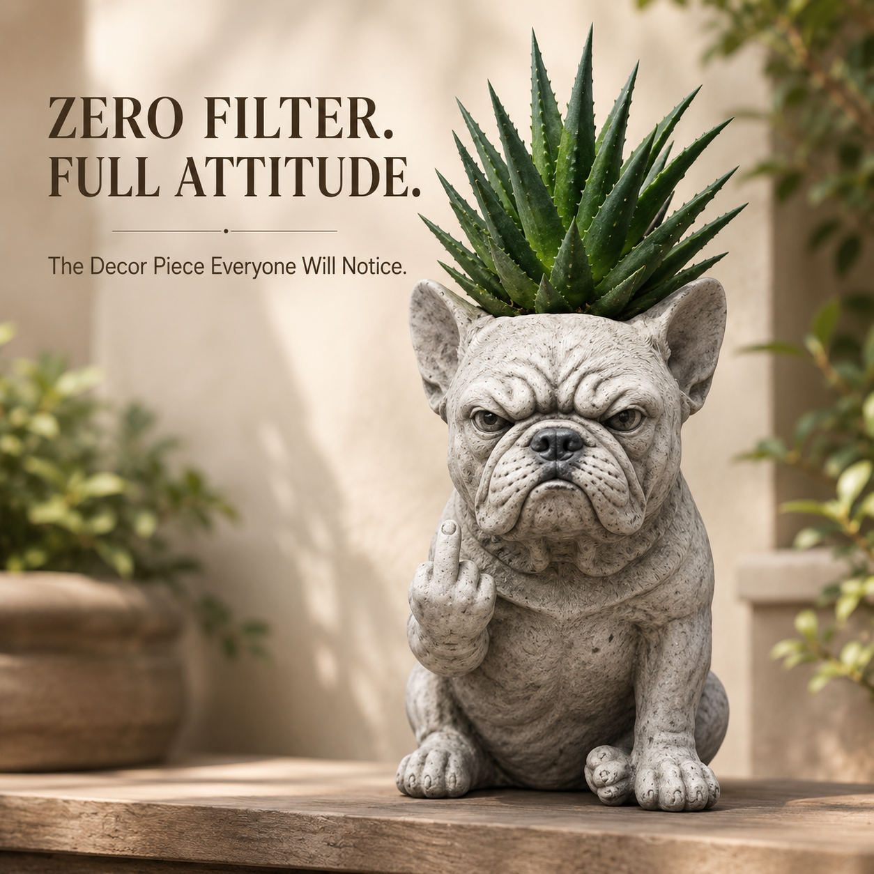 Curly dog attitude planter with colorful succulent arrangement on wooden shelf
