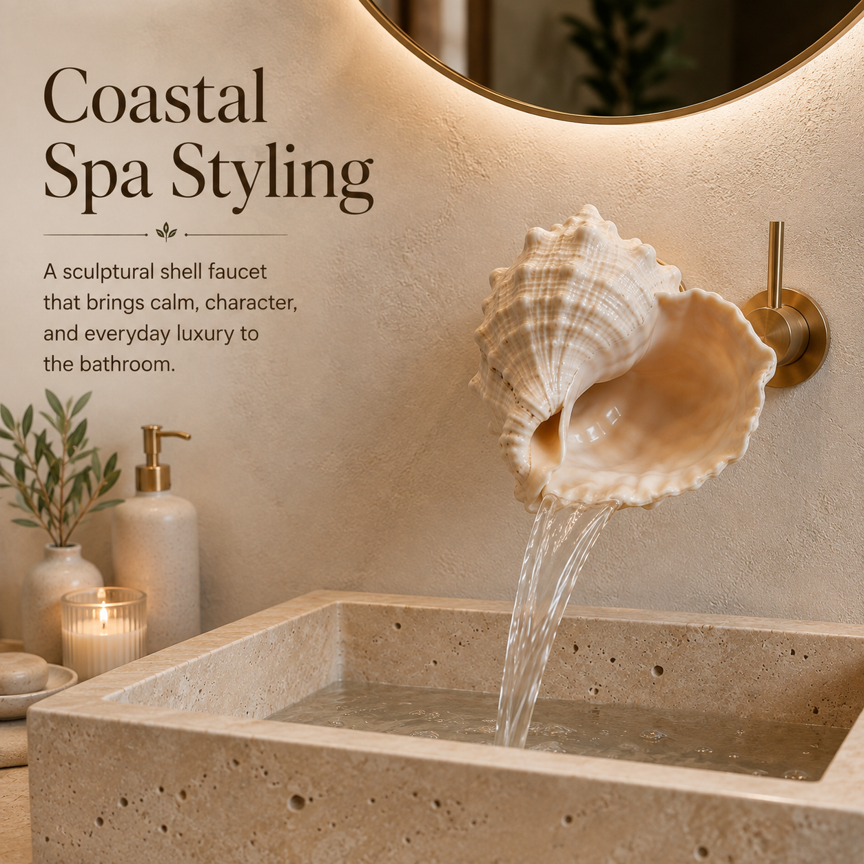 Coastal spa bathroom with sculptural shell faucet