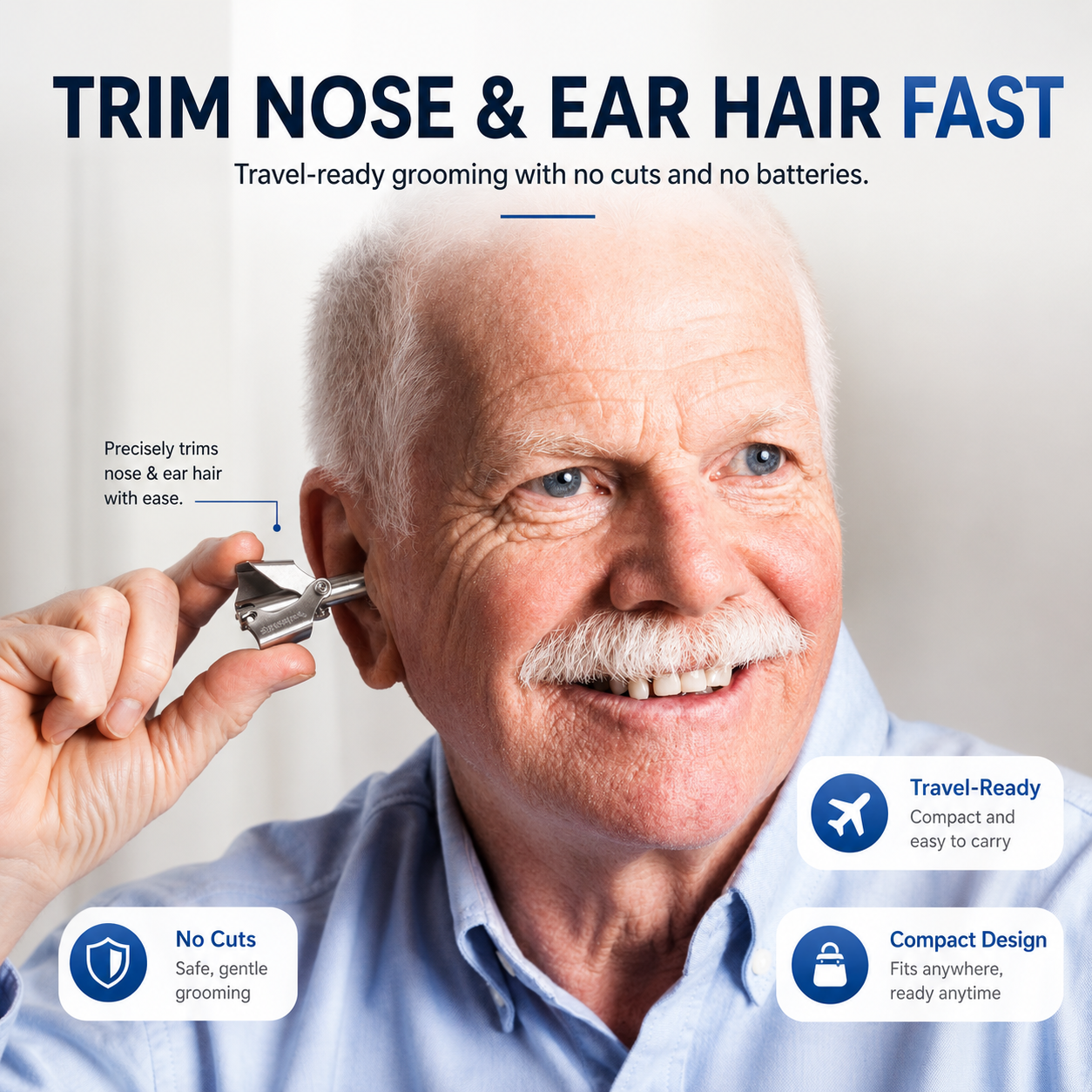 Man using manual trimmer for neat ear and nose hair grooming
