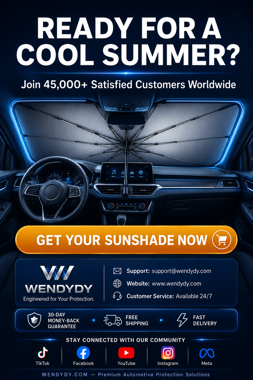 Foldable car windshield sunshade umbrella installed inside vehicle ready for summer
