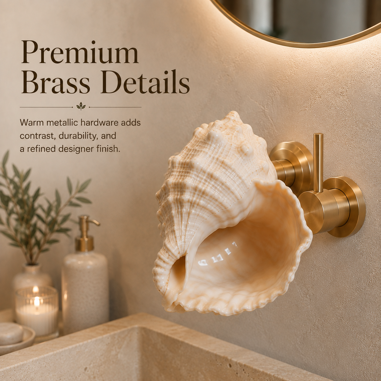 Warm brass-tone details on the wall-mounted faucet controls