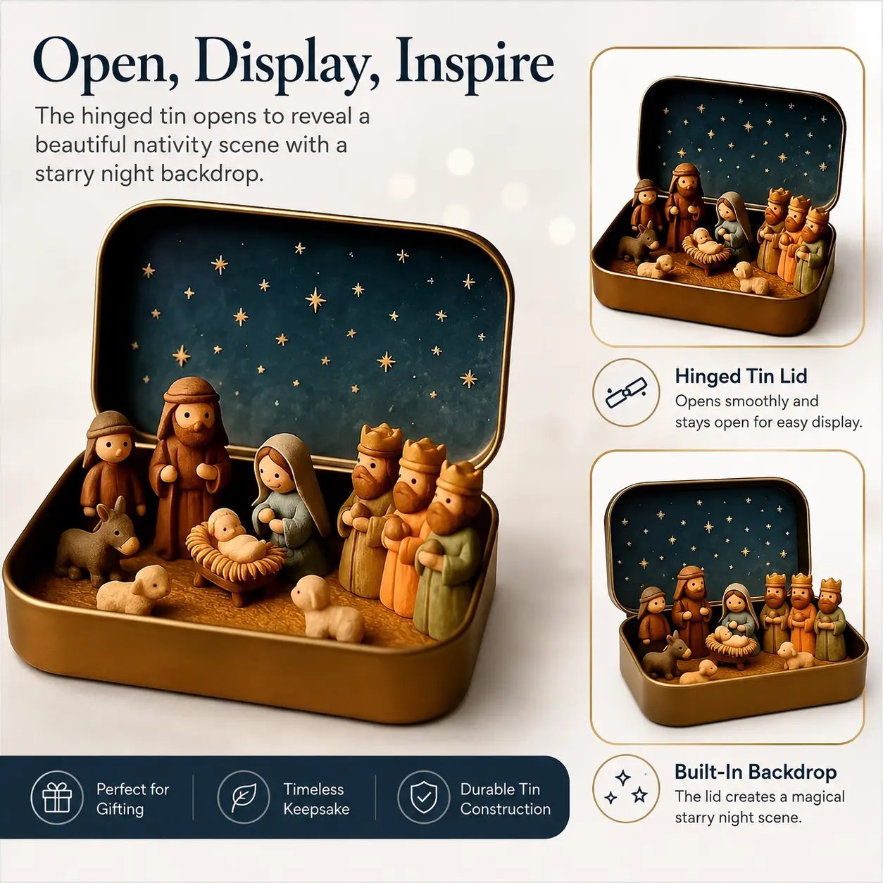 Open tin with detailed miniature figurines