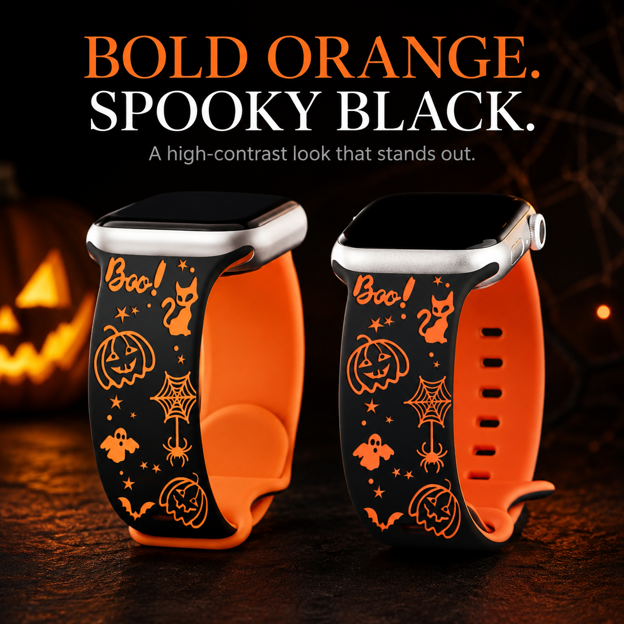 Laser engraved pumpkin ghost and spiderweb motifs on silicone strap