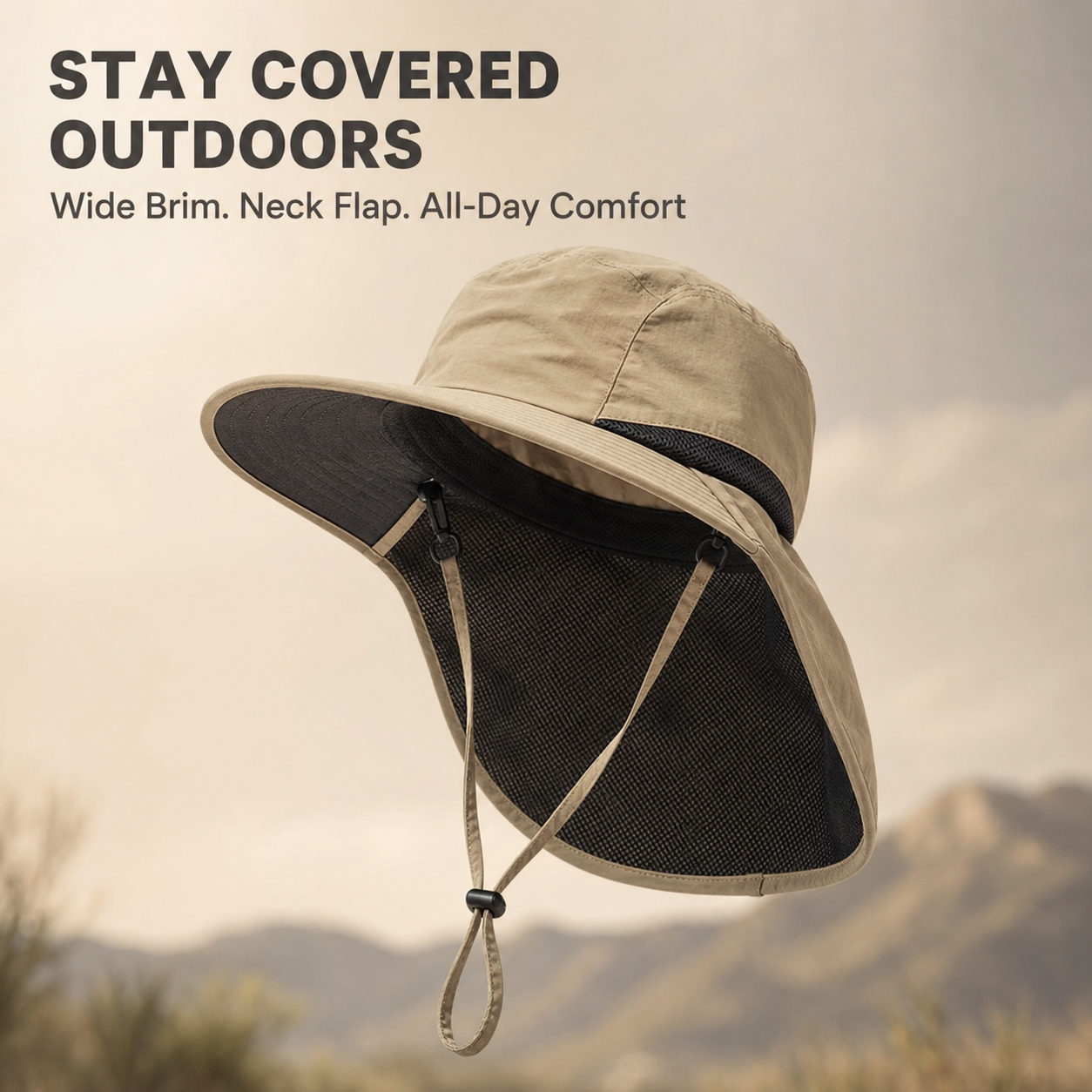 Extended rear neck flap prevents nape sun baking