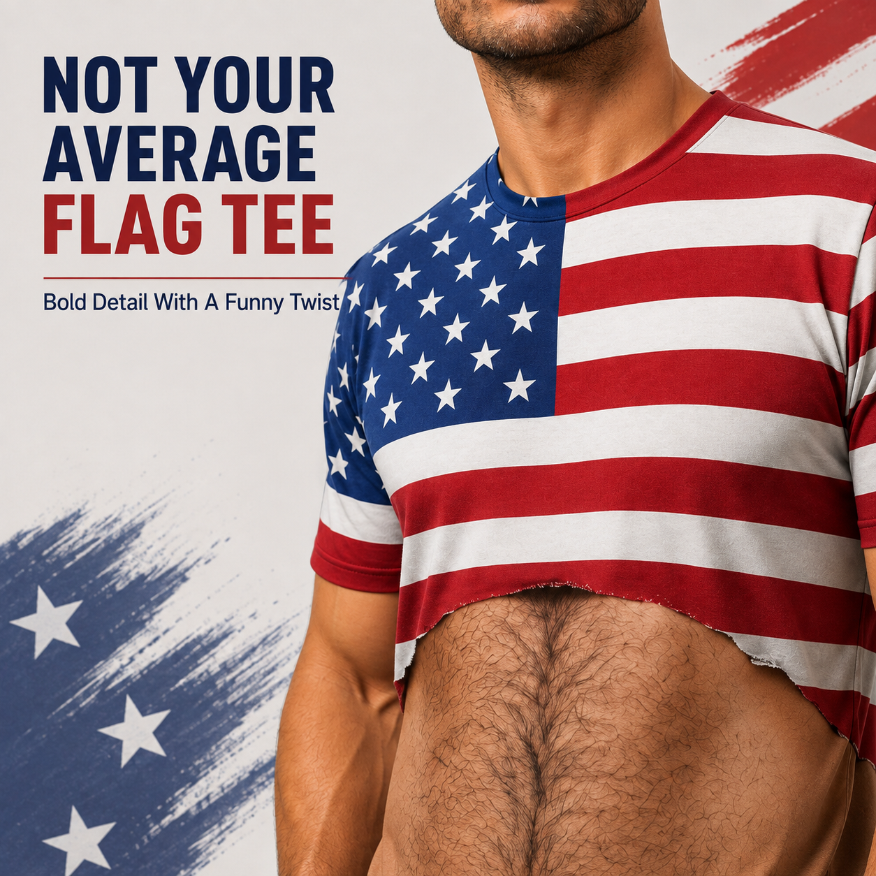 Back view of body hair printed shirt with USA flag shorts combo
