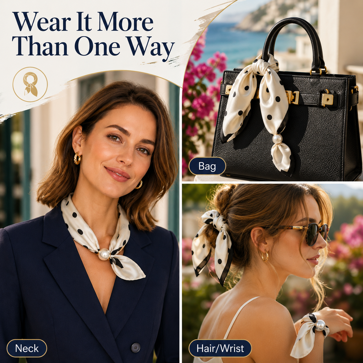 Pearl scarf necklace styled on dress, t-shirt and handbag handle