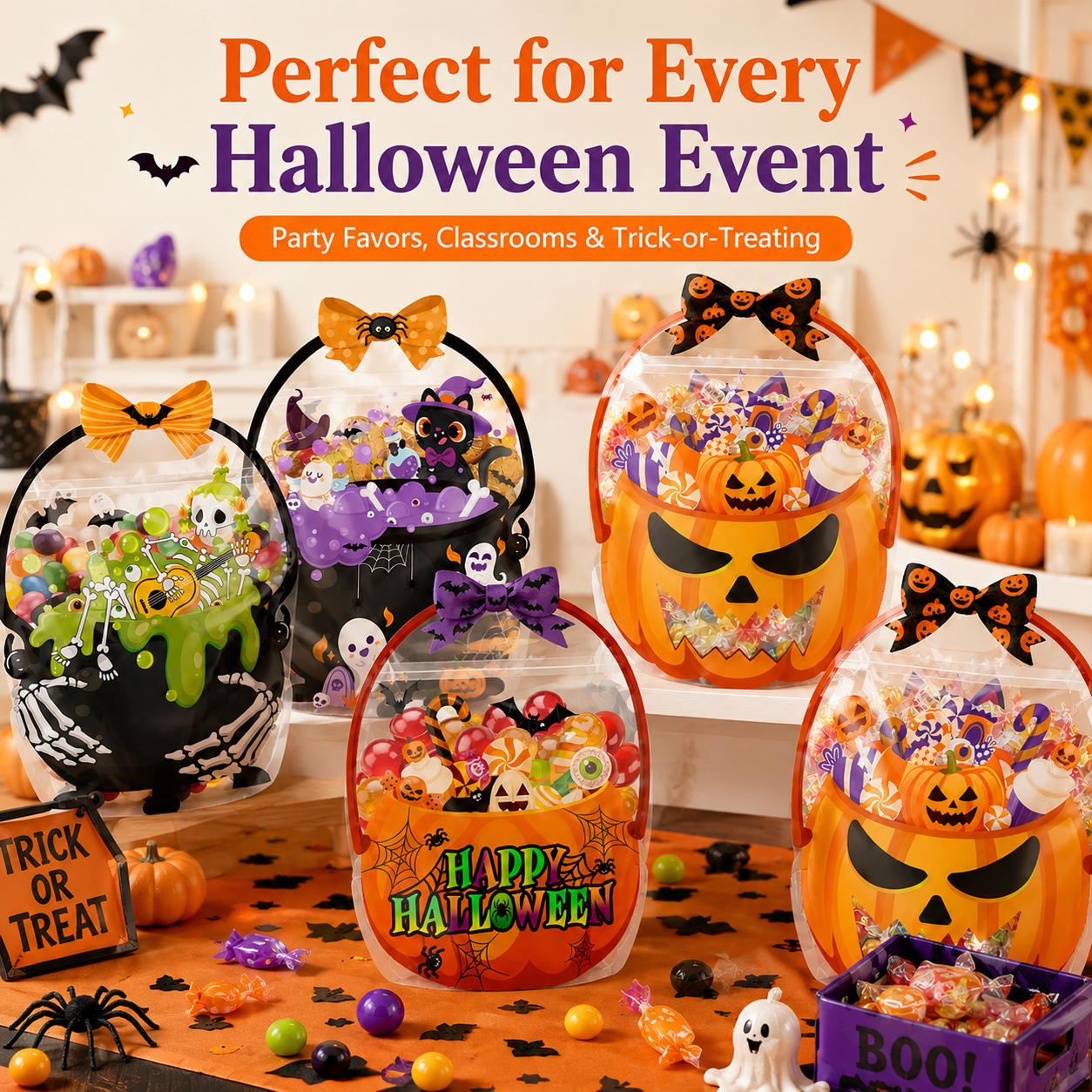 Filling Halloween treat bags with assorted candies lollipops and cookies