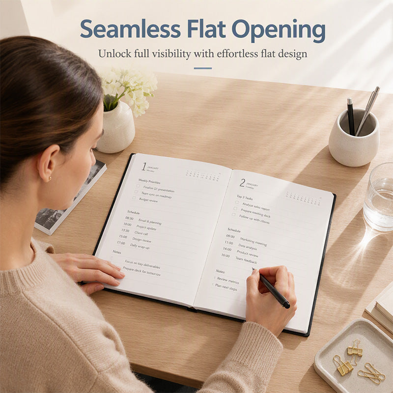 Thread-bound planner notebook opening flat on a desk