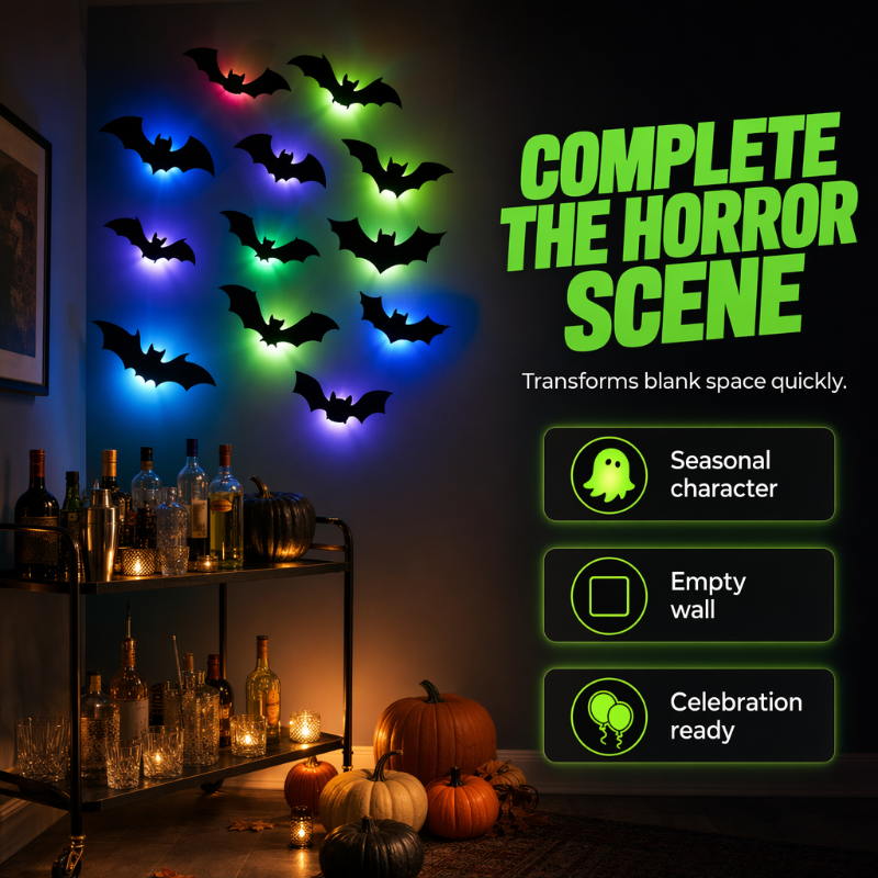 Halloween bat wall sticker set options glowing eyes no eyes and 7 color lights