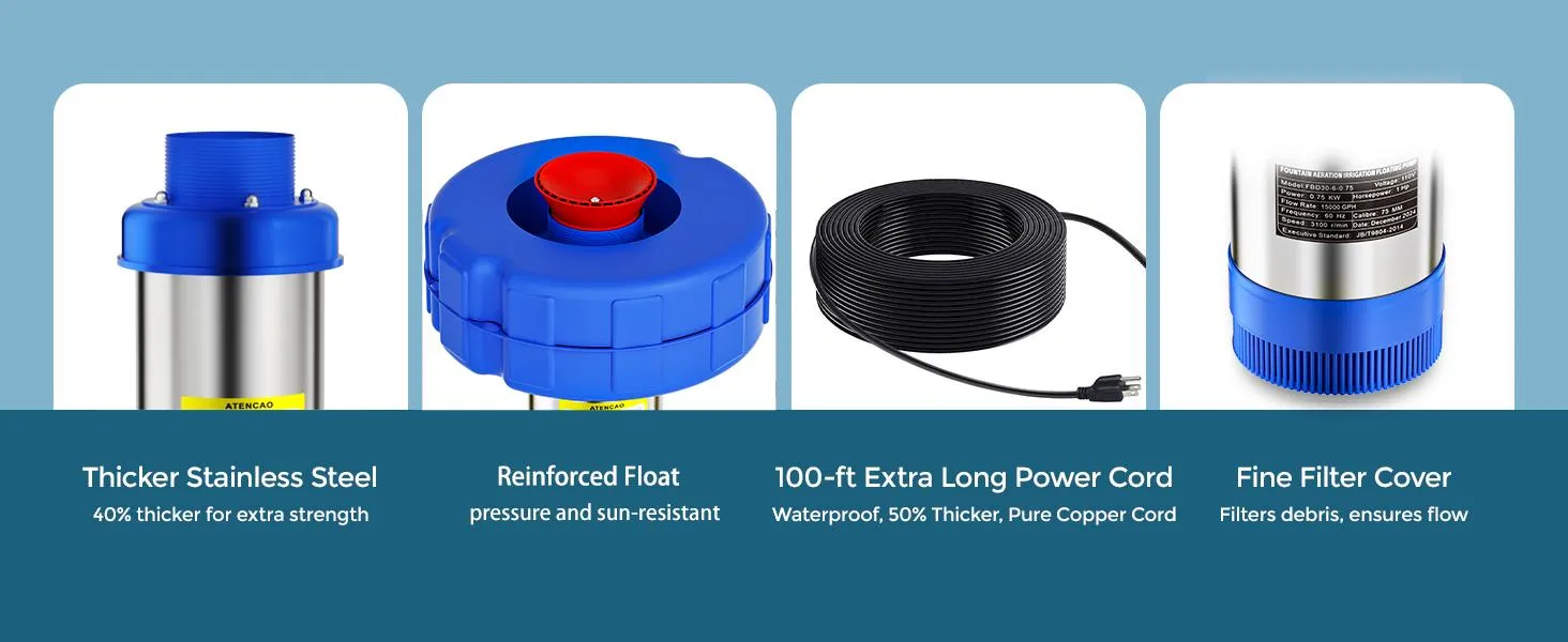 Durable stainless steel pond fountain aerator reinforced float outdoor pump