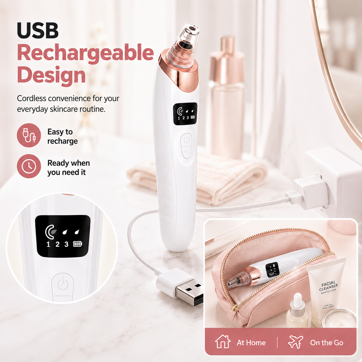 USB rechargeable pore cleaner with digital display