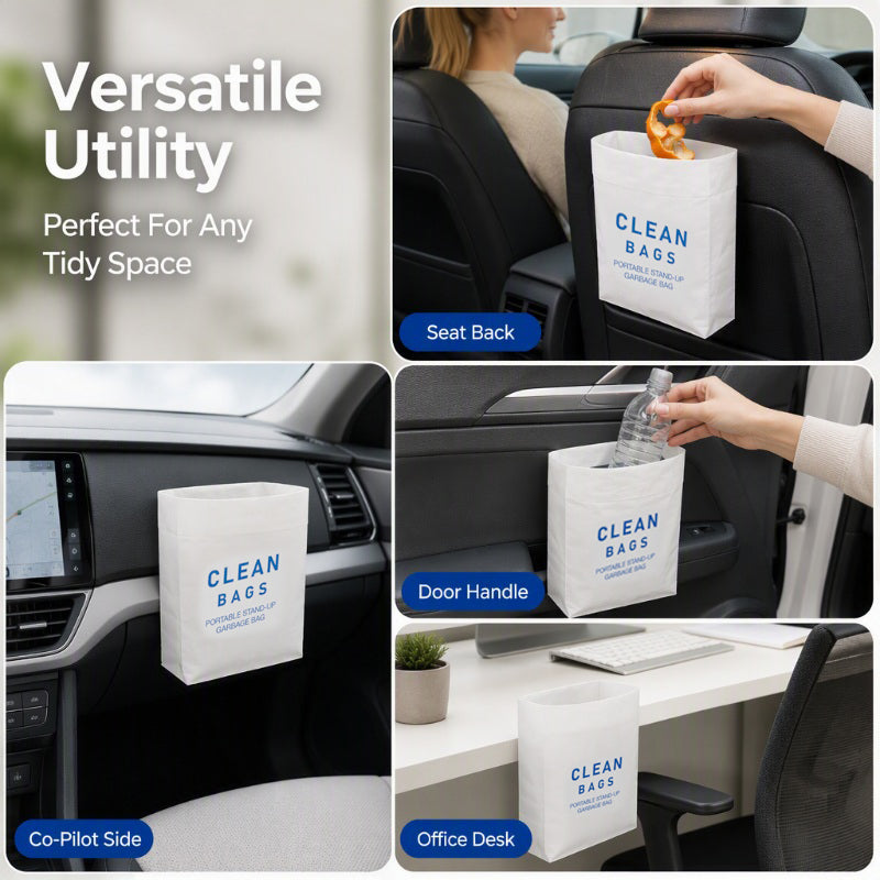Wide-opening self-standing trash bag holding travel waste