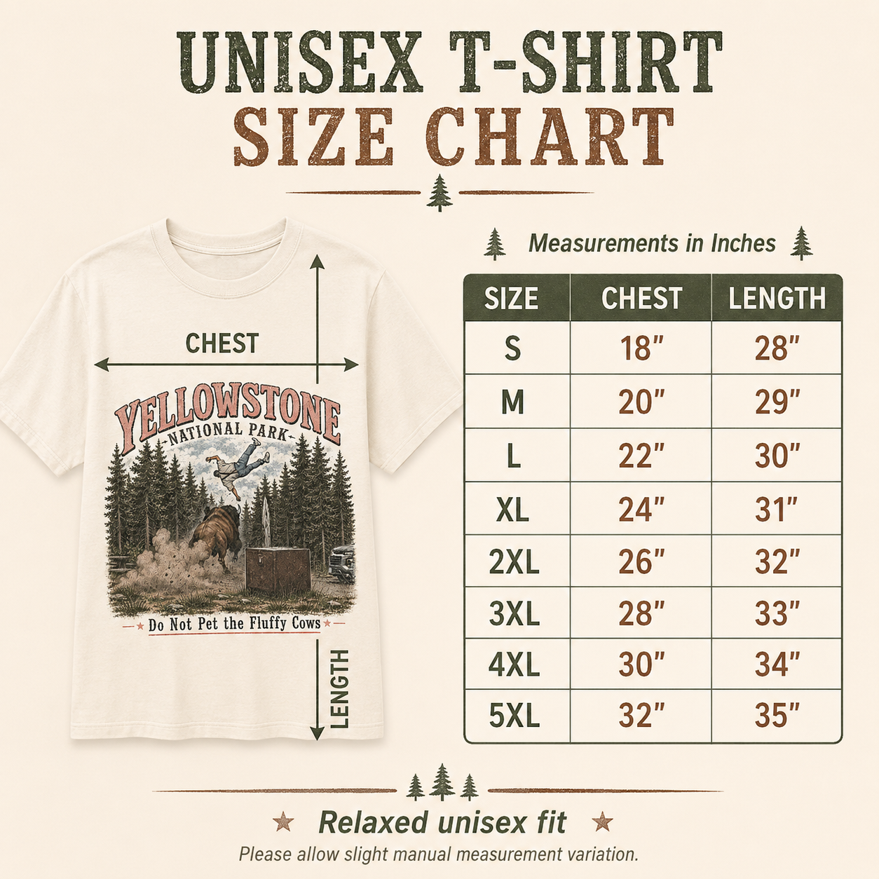 Unisex Yellowstone T-shirt size chart from S to 5XL