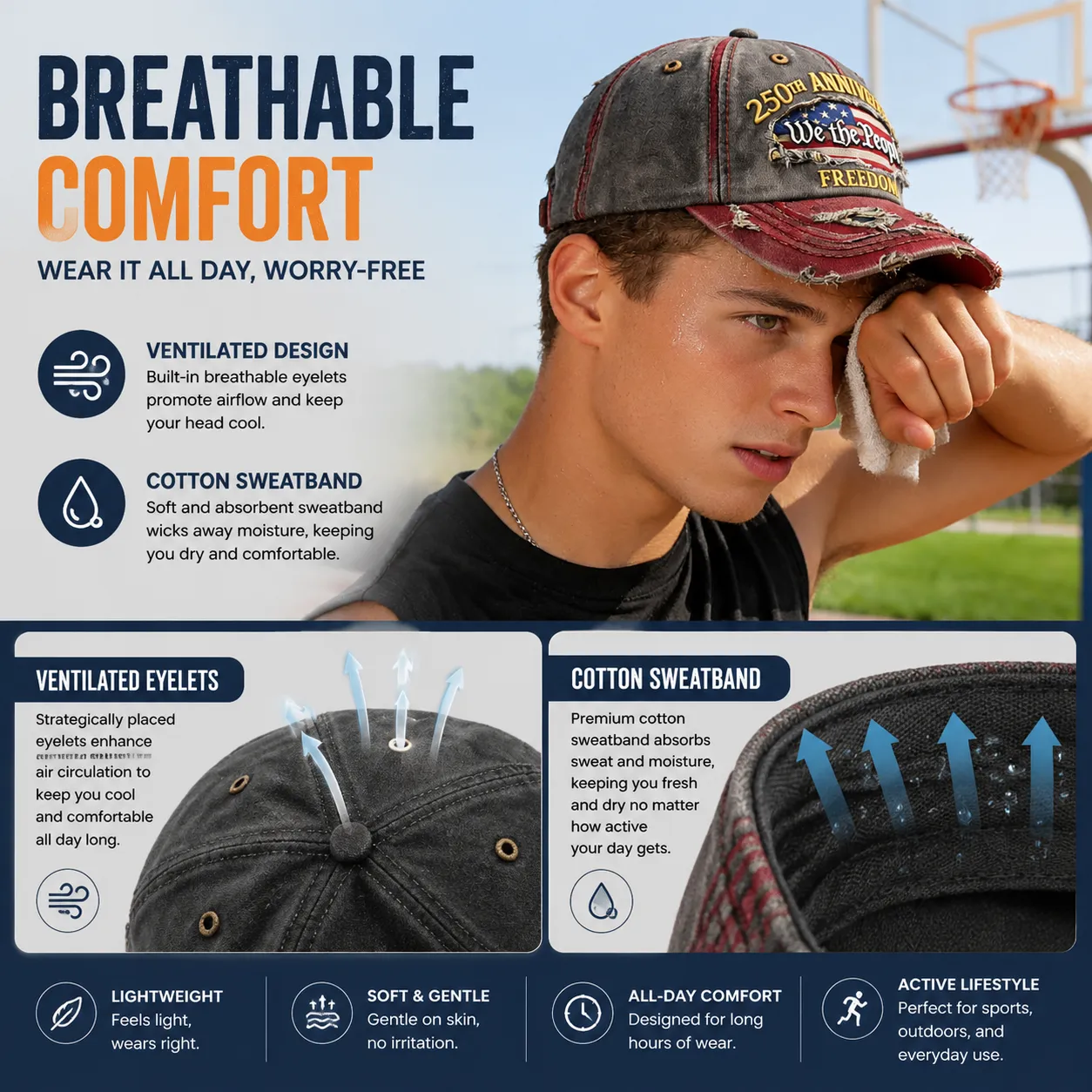 Breathable denim cap with eyelets and cotton sweatband