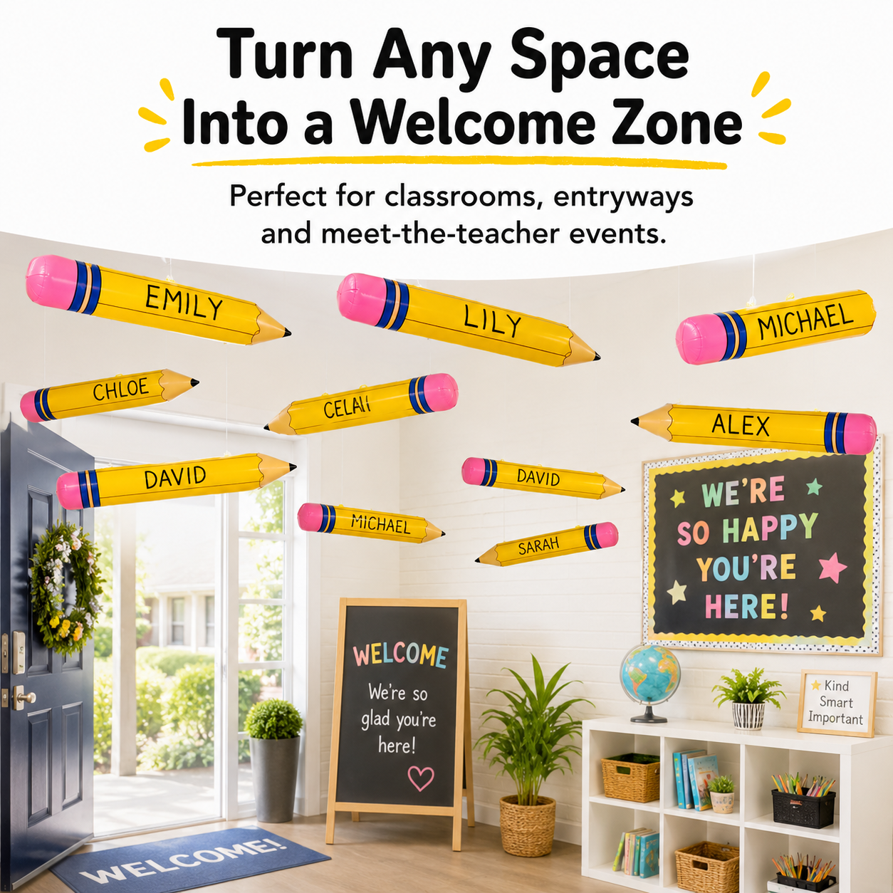School entrance decorated with inflatable pencils