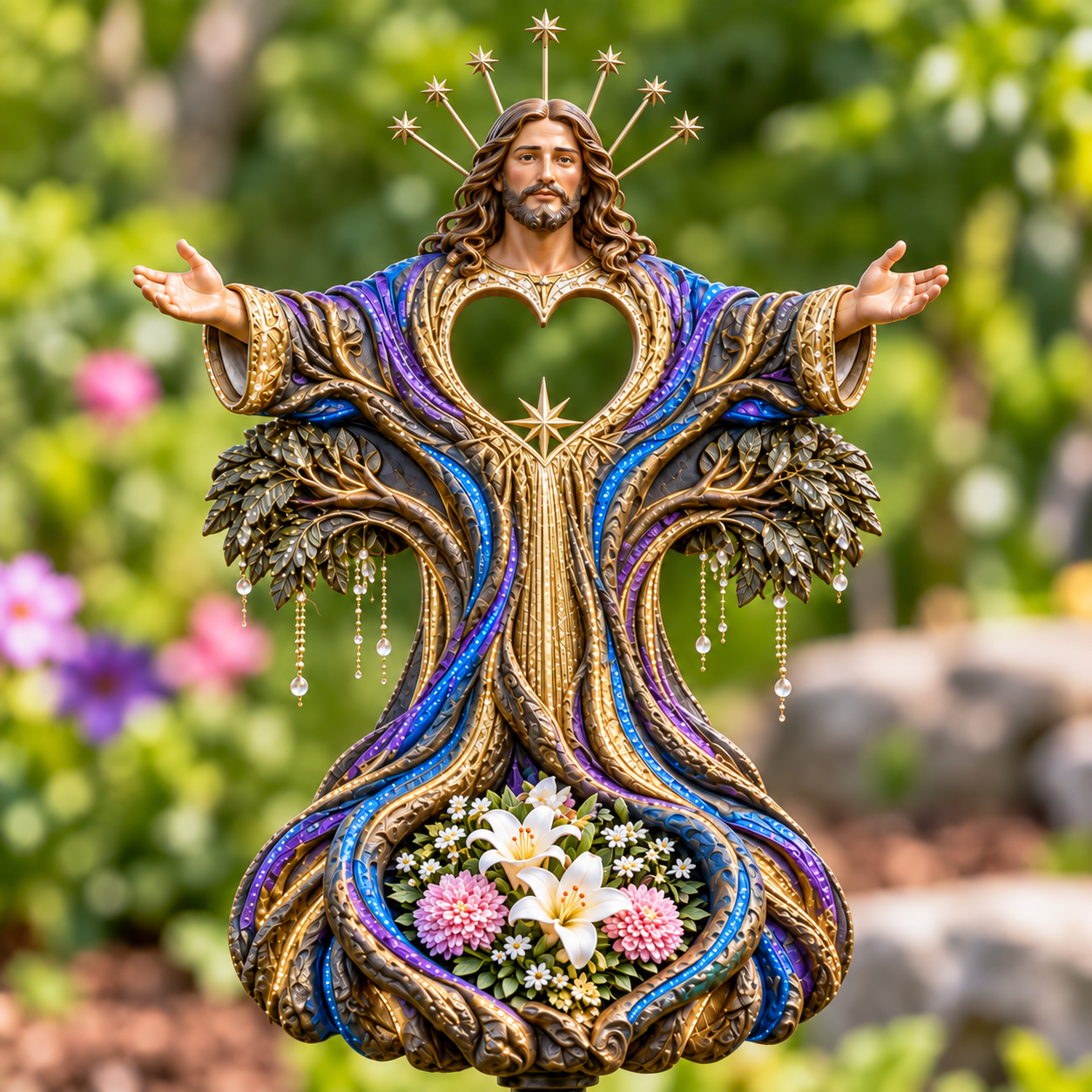Open Arms Jesus memorial garden light close-up