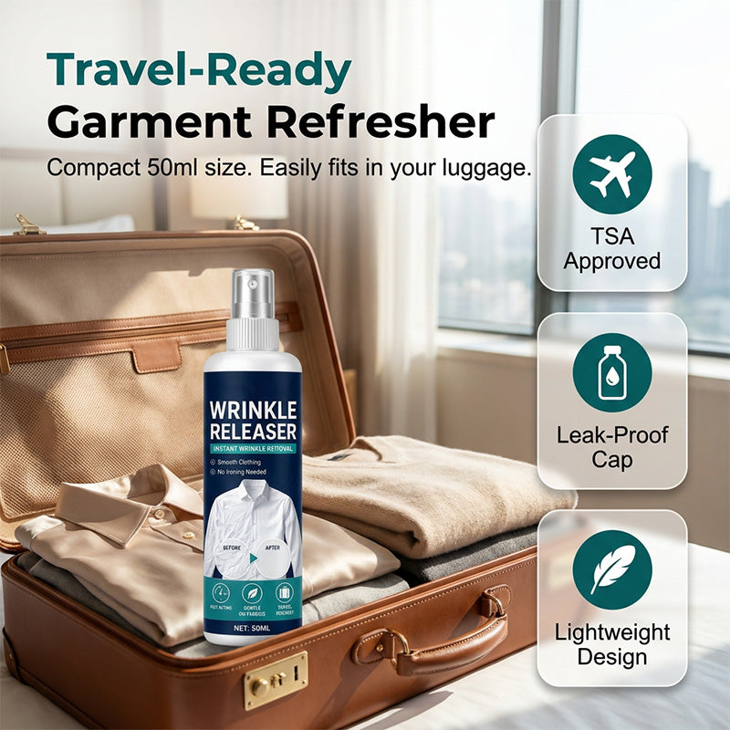 Travel size garment refresher spray in suitcase