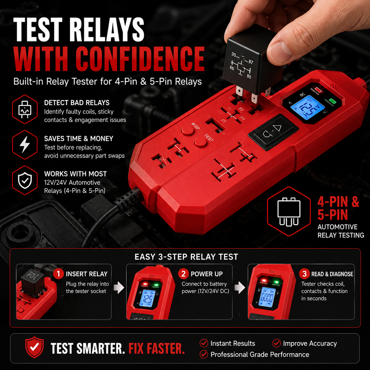Testing a 4-pin or 5-pin automotive relay with the integrated relay tester