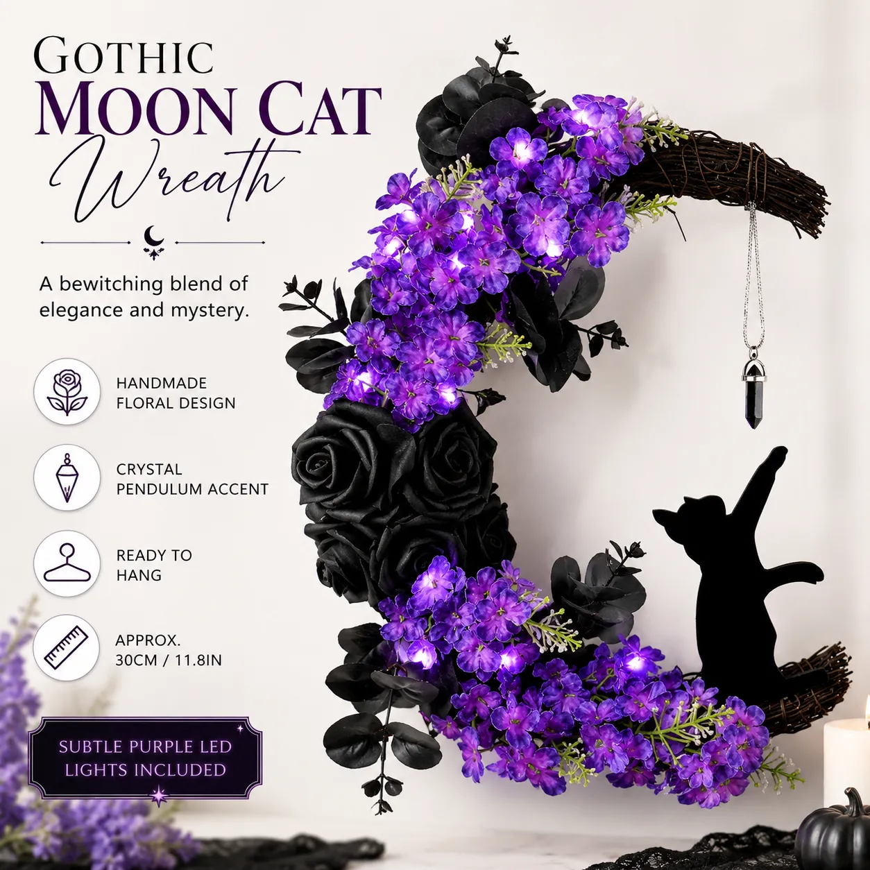 Glowing Halloween crescent moon cat wreath for witchy home decor